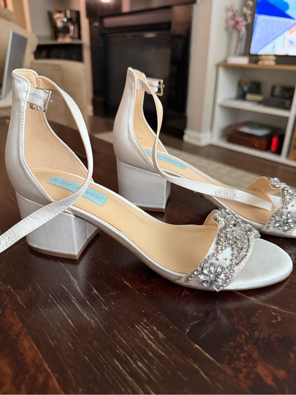 Betsey Johnson Blue ‘Mel’ Satin Block Heel Sandals with Ankle Strap